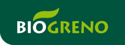 Biogreno Logo mit weiß-grüner Schrift auf dunkelgrünem Hintergrund und stilisiertem Blatt als Symbol für Bio-Lebensmittel