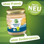 Glas Erdnussbutter "vegan leben" (crunchy) mit Bio- und Vegan-Zertifikat, ohne Palmöl und Zuckerzusatz.