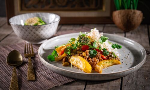 Veganes Teriyaki Gemüse mit Reis und Sojaschnetzel