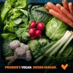 Frisches Gemüse wie Blattsalat, Karotten, Radieschen, Knoblauch und Lauch auf einem schwarzen Untergrund, mit dem Slogan "Probier's vegan. Diesen Januar."