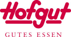 Hofgut Logo in kräftigem Rot mit stilisierter Schrift und dem Zusatz „Gutes Essen“ unterhalb des Markennamens