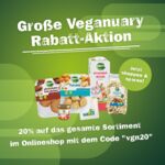 Werbeanzeige für Veganuary Rabatt-Aktion von Vegan Leben mit veganen Produkten, inklusive Frikadellen, Falafel, Mandeldrink und vegane Schnetzel. Jetzt 20% Rabatt.