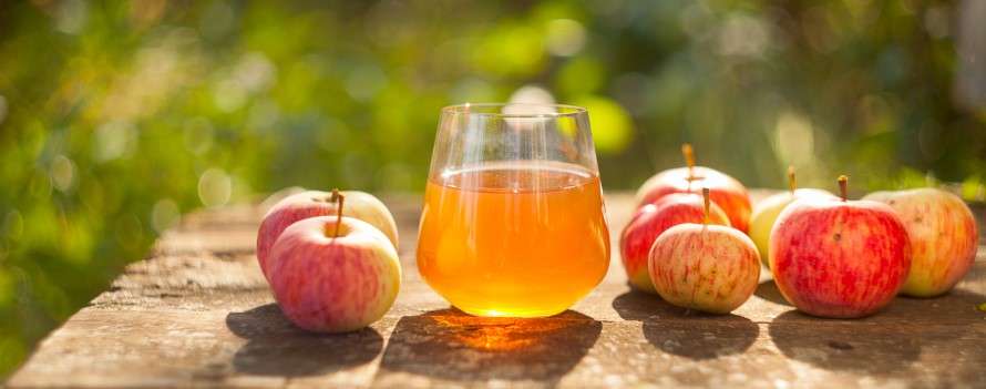 Ein Glas veganer Apfelsaft auf einem Holztisch, umgeben von frischen Äpfeln im Freien, unter sonnigem Licht.