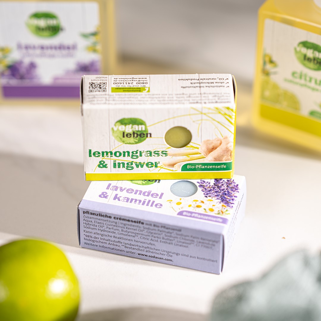 Vegane Bio-Pflanzenseife Lavendel & Kamille und Lemongrass & Ingwer von Vegan Leben. Hochwertige, pflanzliche Pflegeprodukte für einen nachhaltigen Lebensstil.