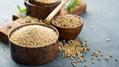 Schüssel mit rohem Quinoa und gefüllten Holzschalen, gesunde vegane Eiweißquelle auf grauem Hintergrund.